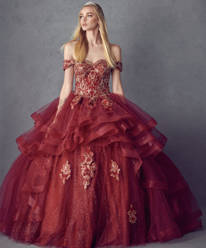 Quinceniera Dresses Long Metallic Glitter Quinceanera Dress Juliet JT1432 Burgundy