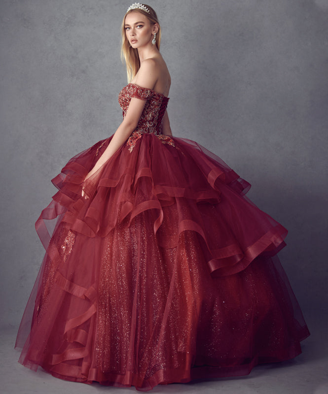 Quinceniera Dresses Long Metallic Glitter Quinceanera Dress Juliet JT1432 Burgundy