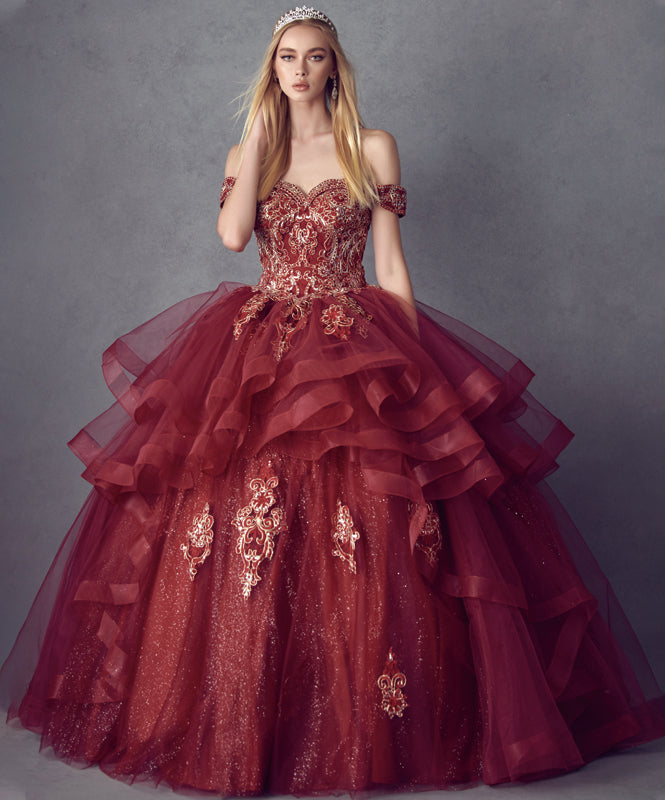 Quinceniera Dresses Long Metallic Glitter Quinceanera Dress Juliet JT1432 Burgundy
