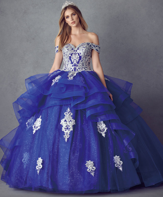 Quinceniera Dresses Long Metallic Glitter Quinceanera Dress Juliet JT1432 Royal Blue
