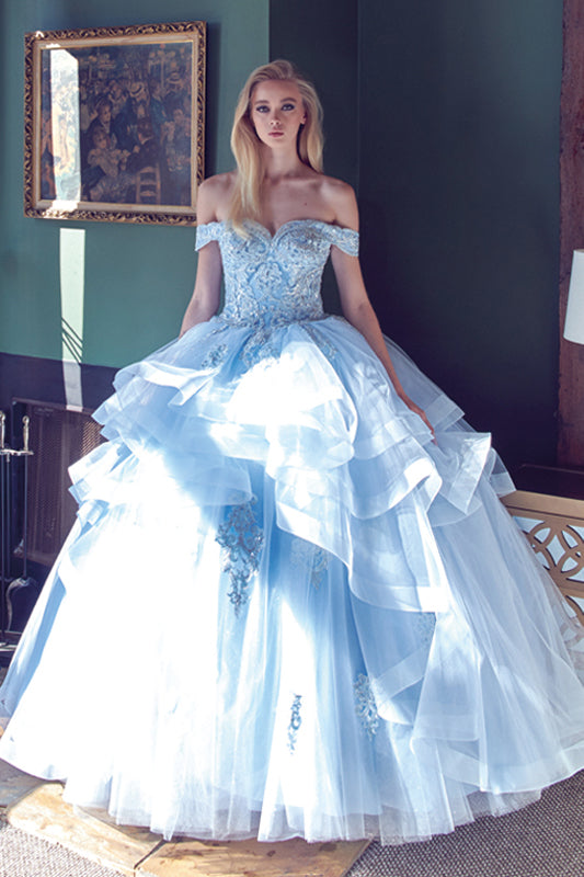 Quinceniera Dresses Long Metallic Glitter Quinceanera Dress Juliet JT1432 Bahama Blue