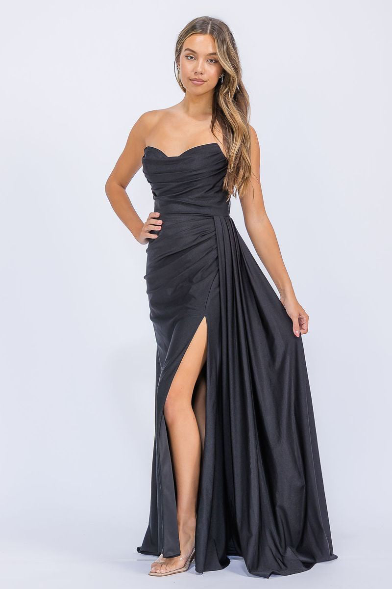 Black Strapless Floor-Length Jersey Formal Side Train Gown Eureka Fashion EK178