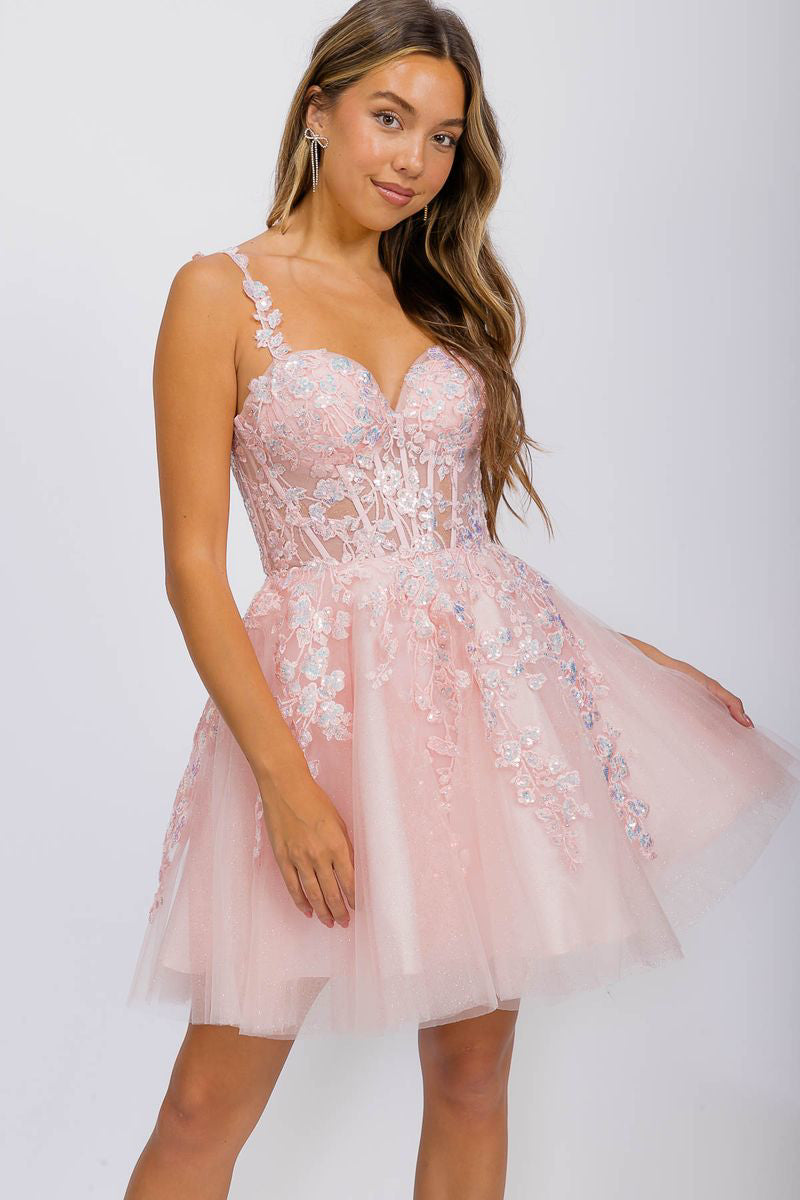 Cocktail Dresses Short A Line Sequin Floral Applique Cocktail Dress Eureka Fashion EK152 Pink