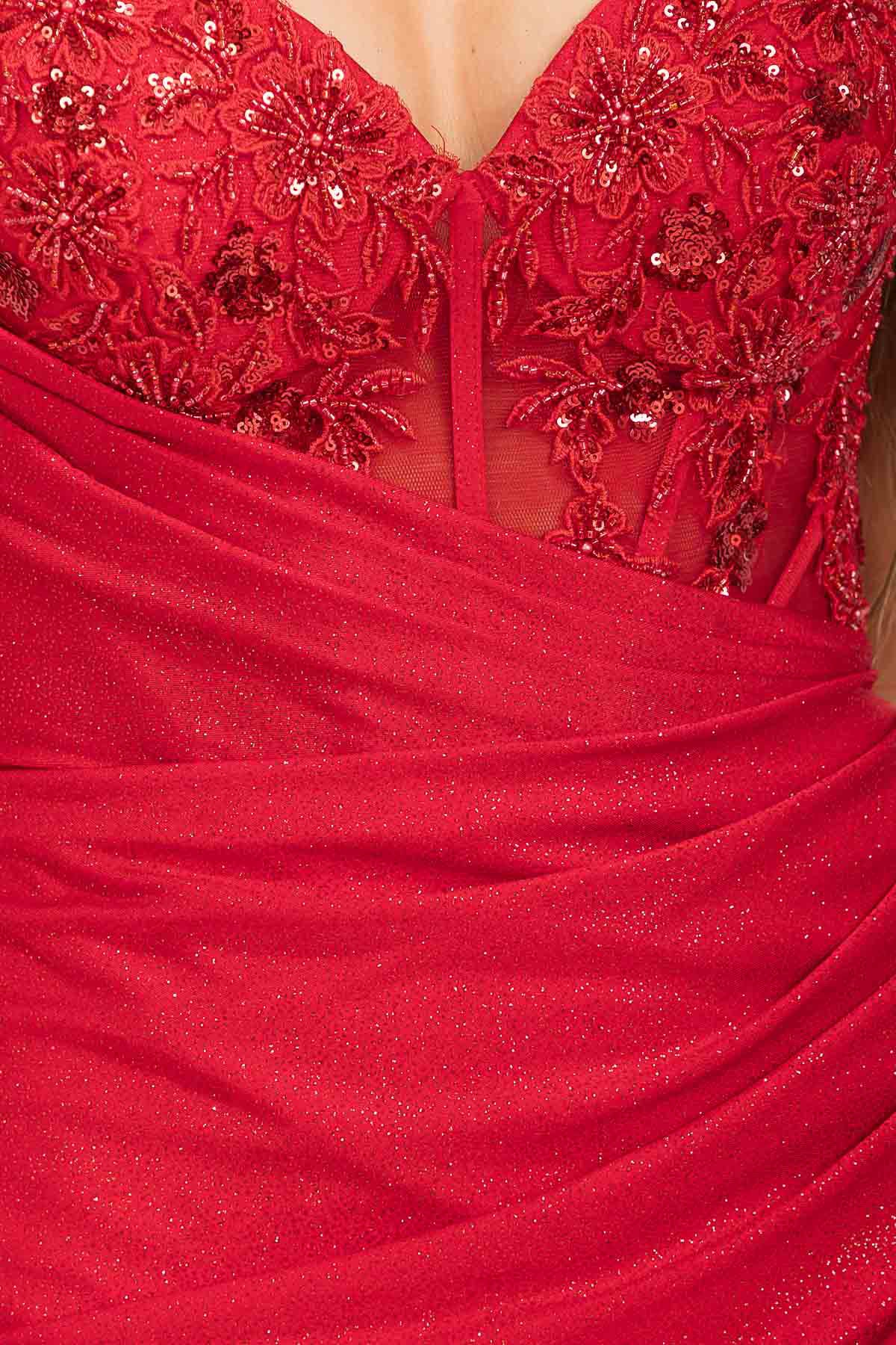 Red Sweetheart Floor-Length Satin Prom Dress with Lace Corset Bodice and Slit Eureka Fashion EK166