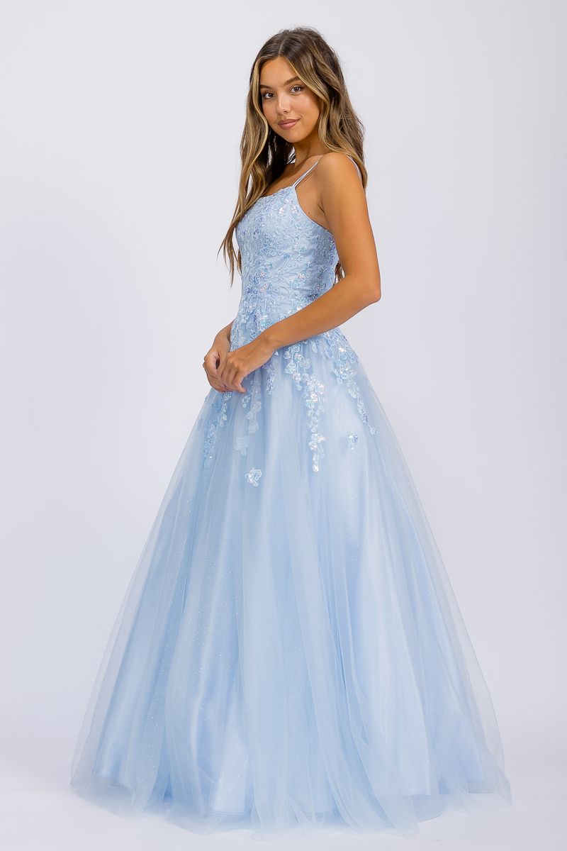 Bahama Blue Square Neck Floor-Length Glitter Tulle Prom Dress with Floral Appliqués Eureka Fashion EK197
