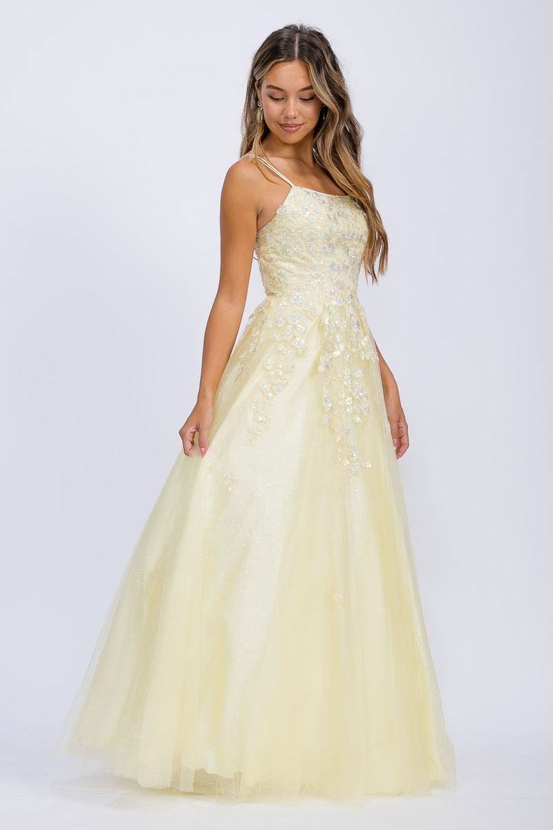 Soft Yellow Square Neck Floor-Length Glitter Tulle Prom Dress with Floral Appliqués Eureka Fashion EK197