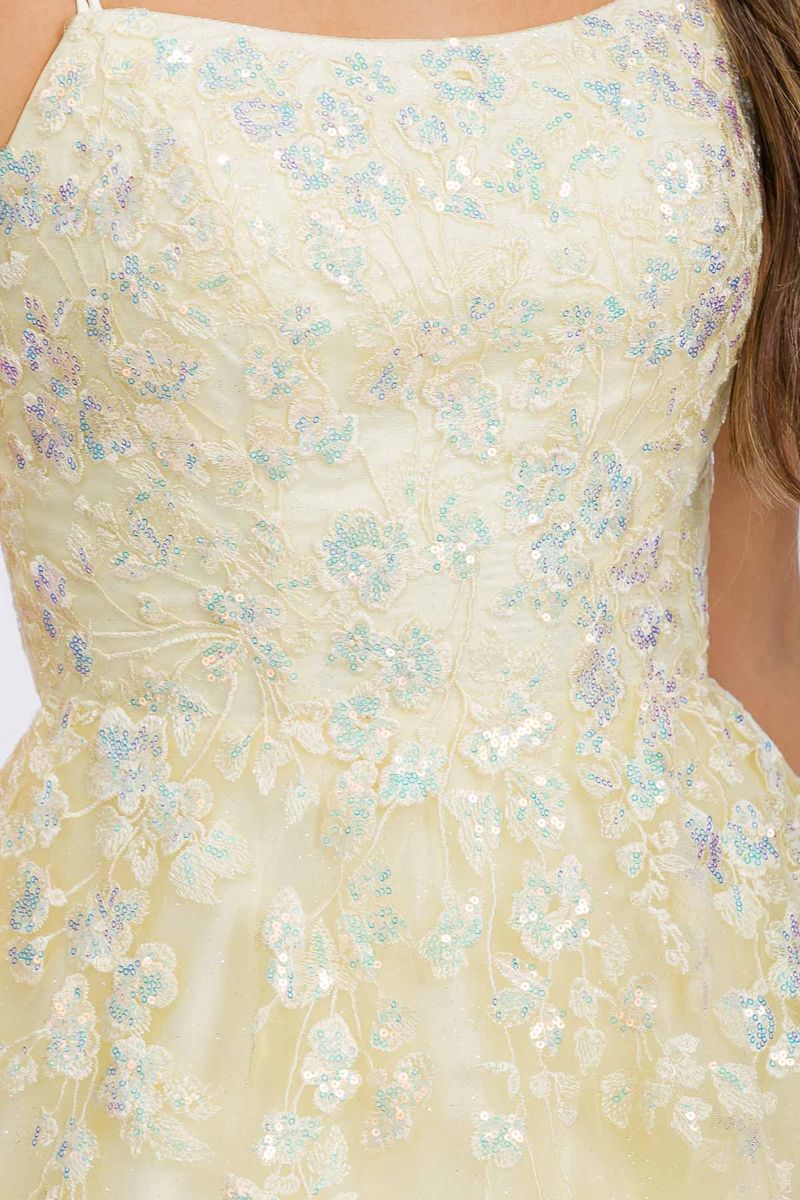 Soft Yellow Square Neck Floor-Length Glitter Tulle Prom Dress with Floral Appliqués Eureka Fashion EK197