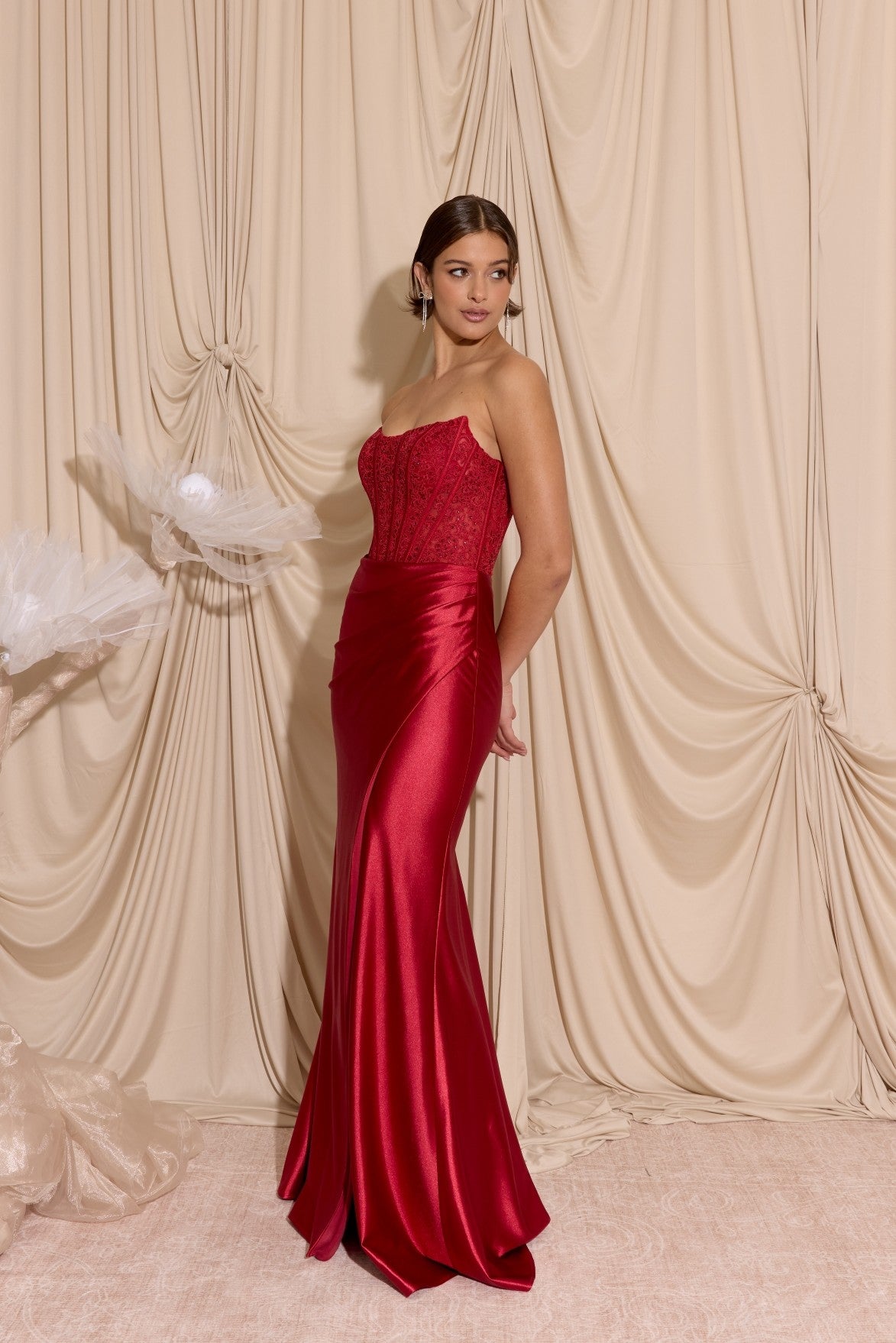 Cherry Red Strapless Floor-Length Satin Prom Lace Corset Gown Eureka Fashion EK193