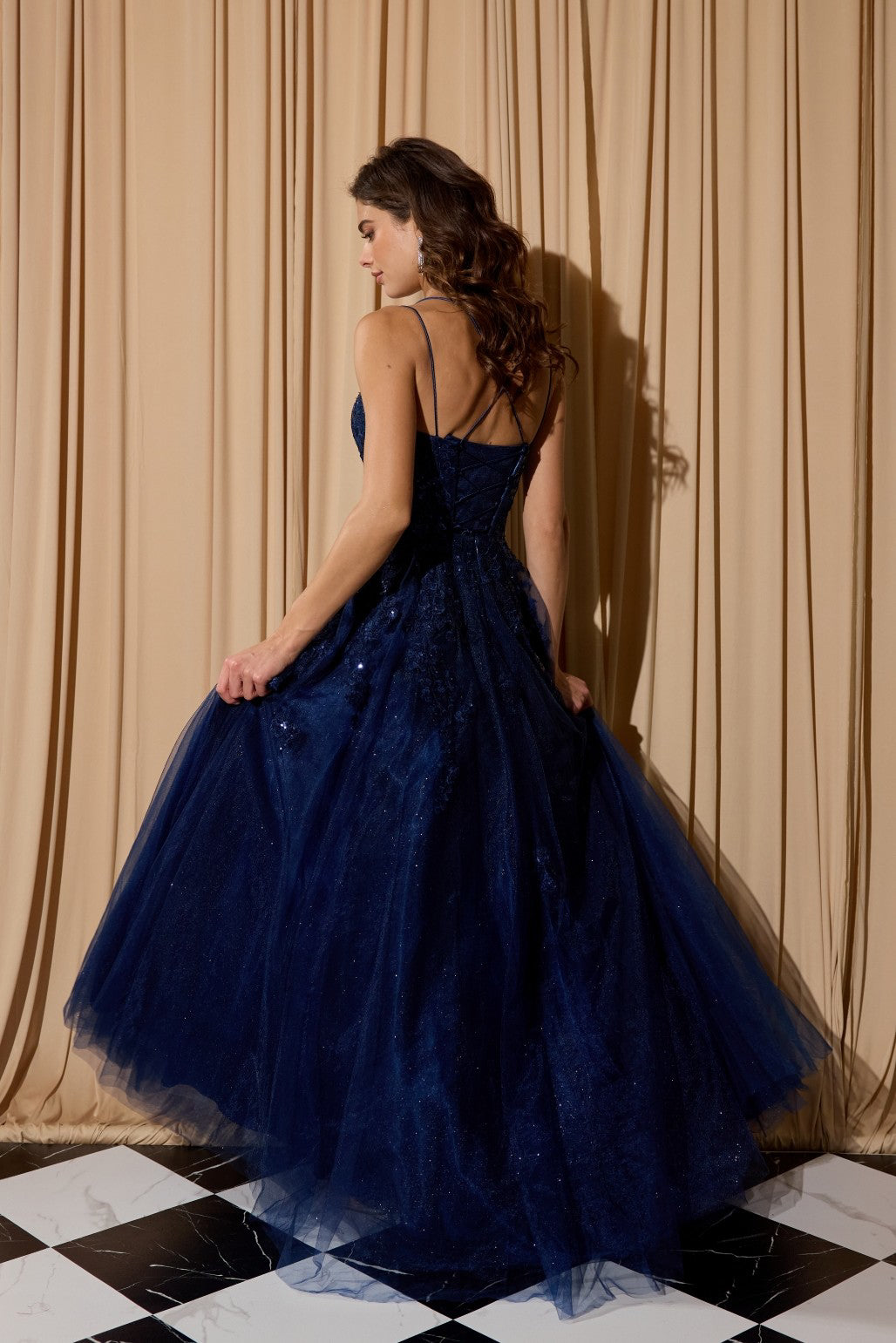 Navy Square Neck Floor-Length Glitter Tulle Prom Dress with Floral Appliqués Eureka Fashion EK197