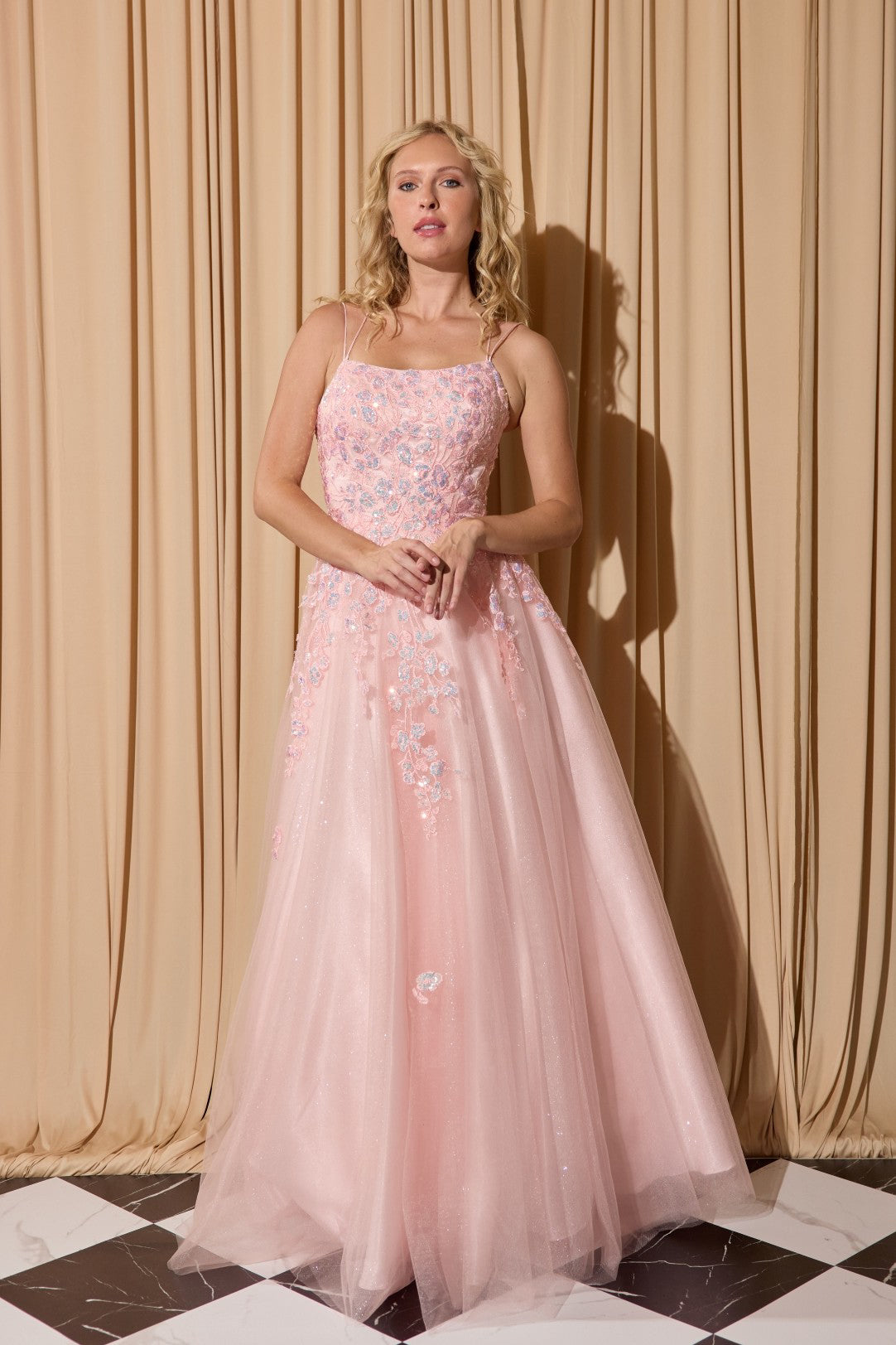Pink Square Neck Floor-Length Glitter Tulle Prom Dress with Floral Appliqués Eureka Fashion EK197