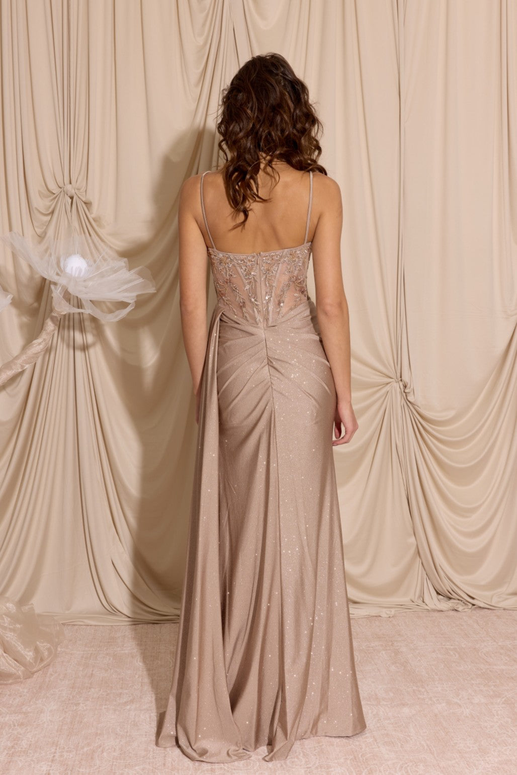 Biscuit Sweetheart Floor-Length Satin Prom Dress with Lace Corset Bodice and Slit Eureka Fashion EK166