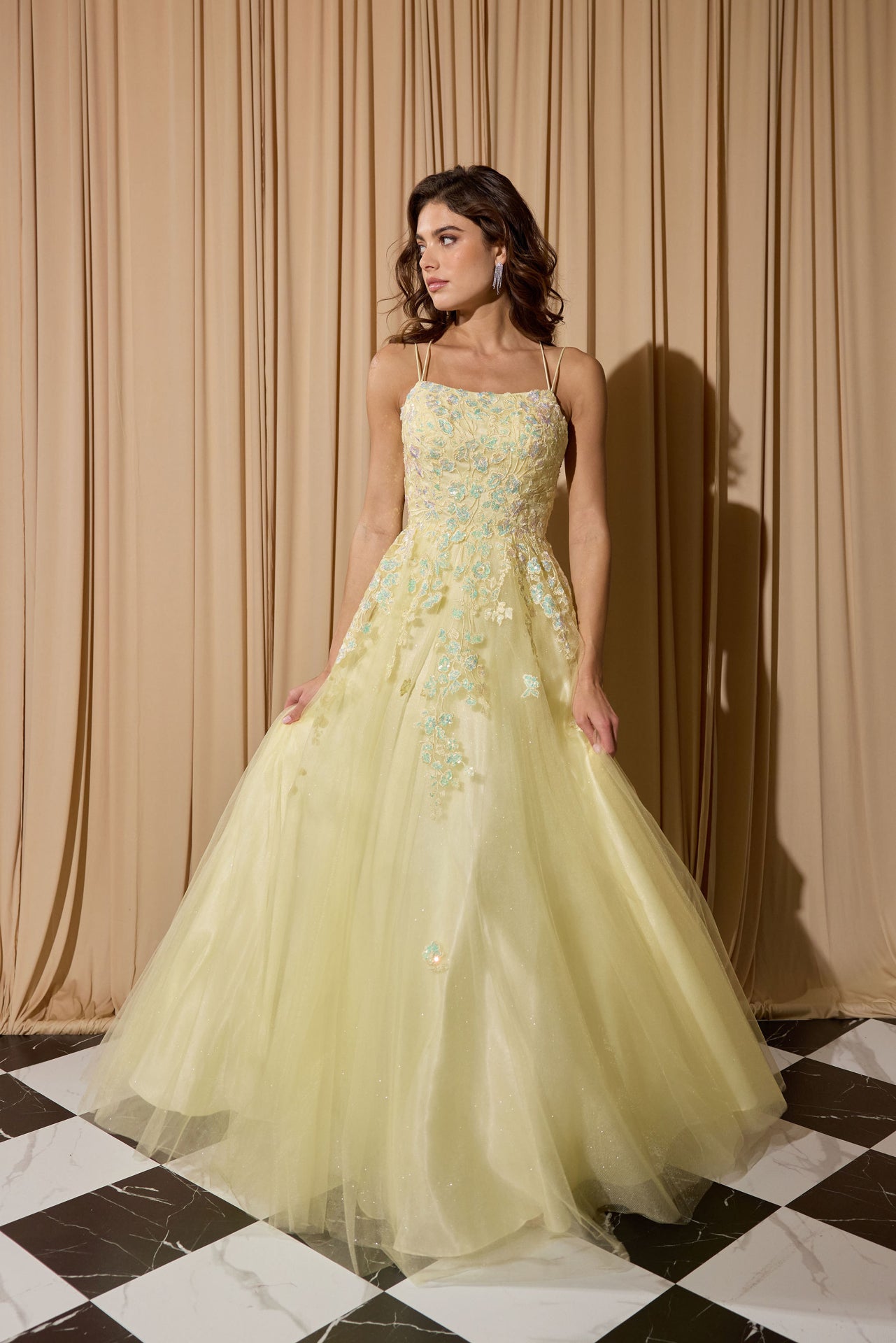 Soft Yellow Square Neck Floor-Length Glitter Tulle Prom Dress with Floral Appliqués Eureka Fashion EK197