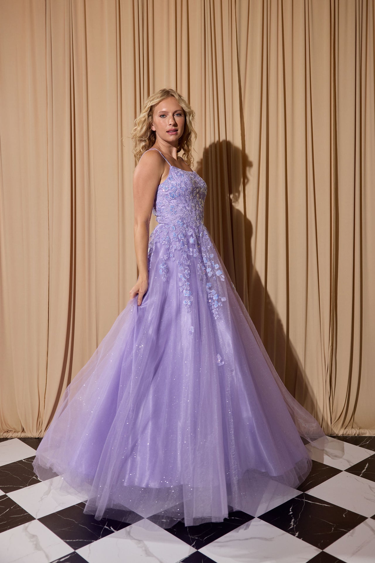 Lilac Square Neck Floor-Length Glitter Tulle Prom Dress with Floral Appliqués Eureka Fashion EK197