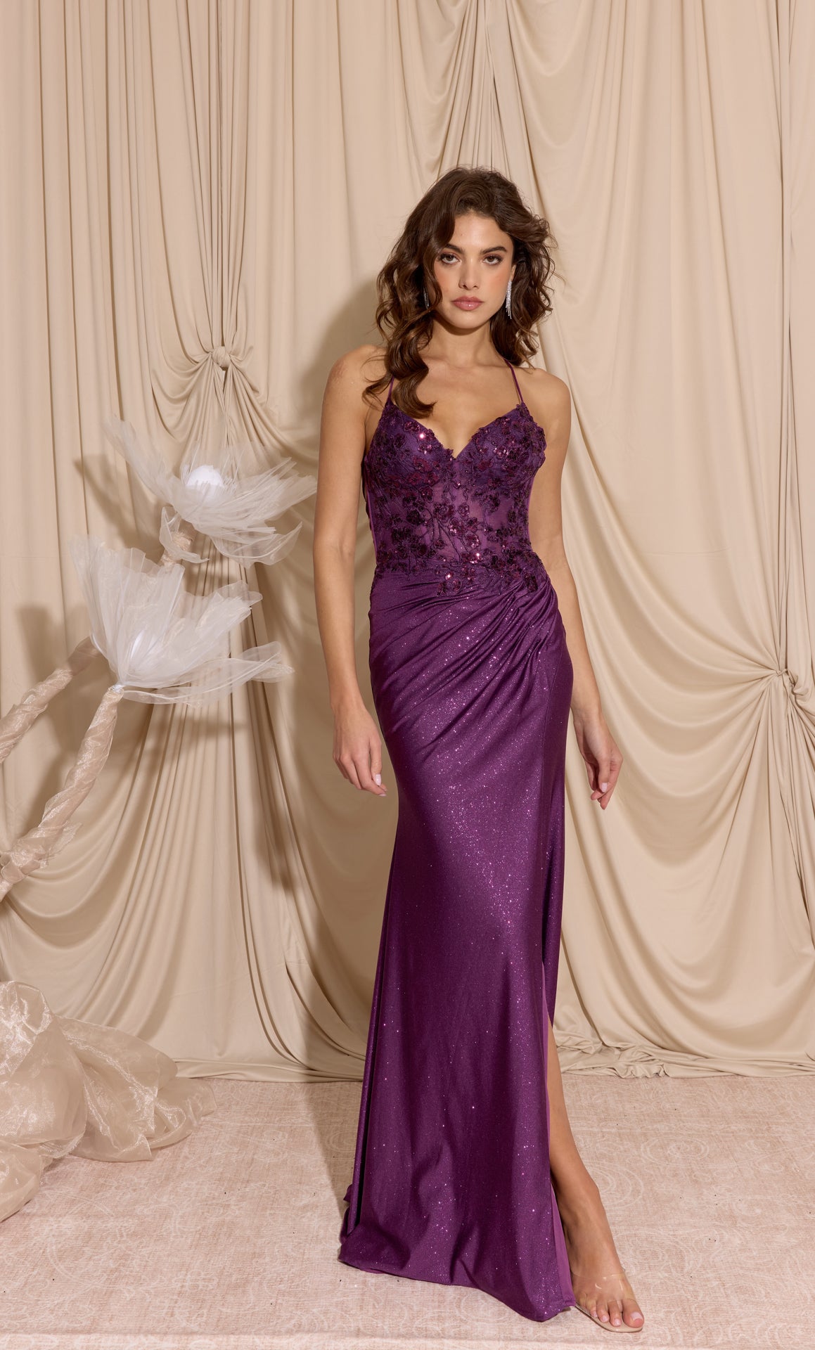Prom Dresses Beaded Long Formal Glitter Fitted Slit Prom Dress Eureka Fashion 9969 Plum