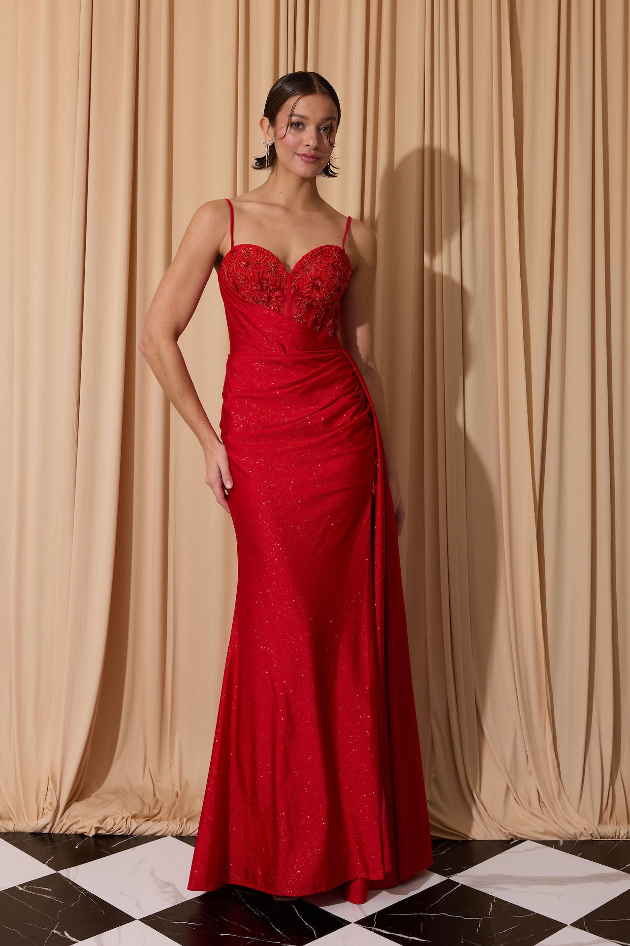 Red Sweetheart Floor-Length Satin Prom Dress with Lace Corset Bodice and Slit Eureka Fashion EK166