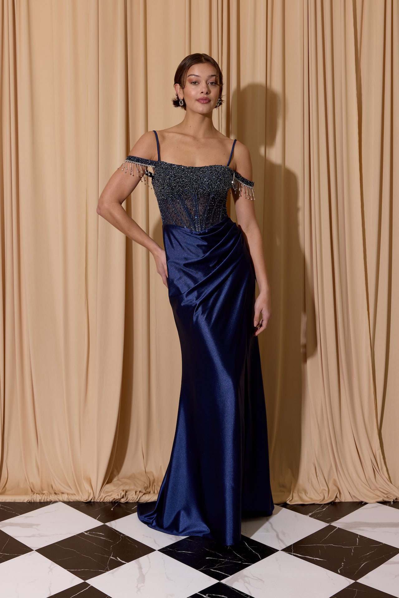 Navy Off-the-Shoulder Floor-Length Satin Prom Beaded Corset Gown Eureka Fashion EK179