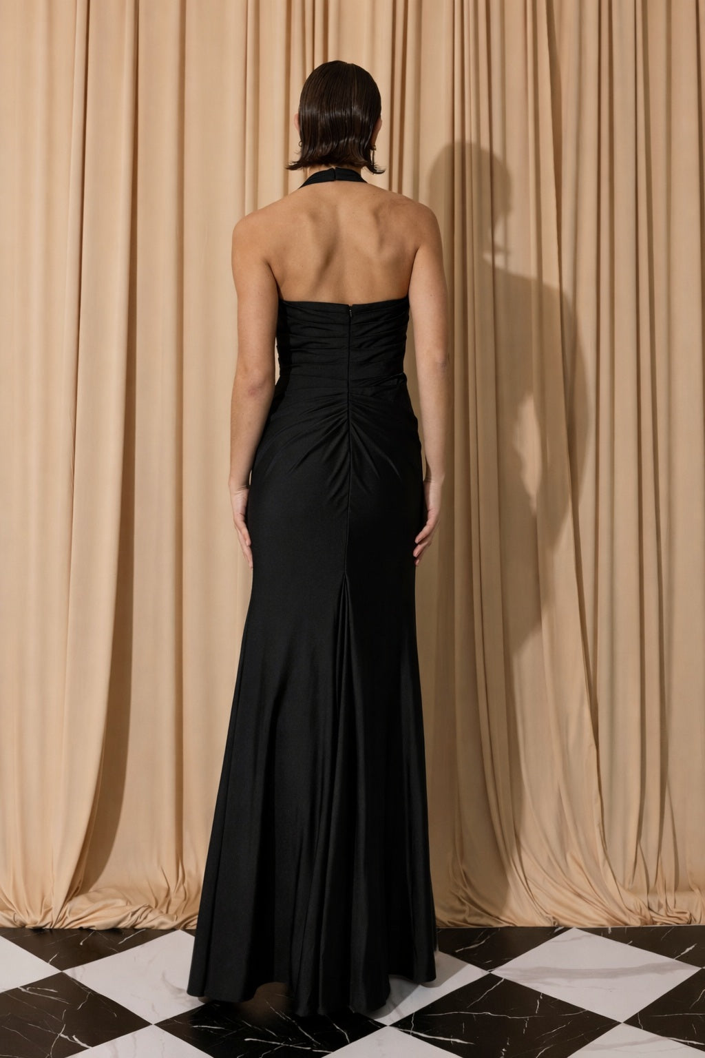 Black Halter Floor-Length Satin Jersey Formal Side Slit Gown Eureka Fashion EK191
