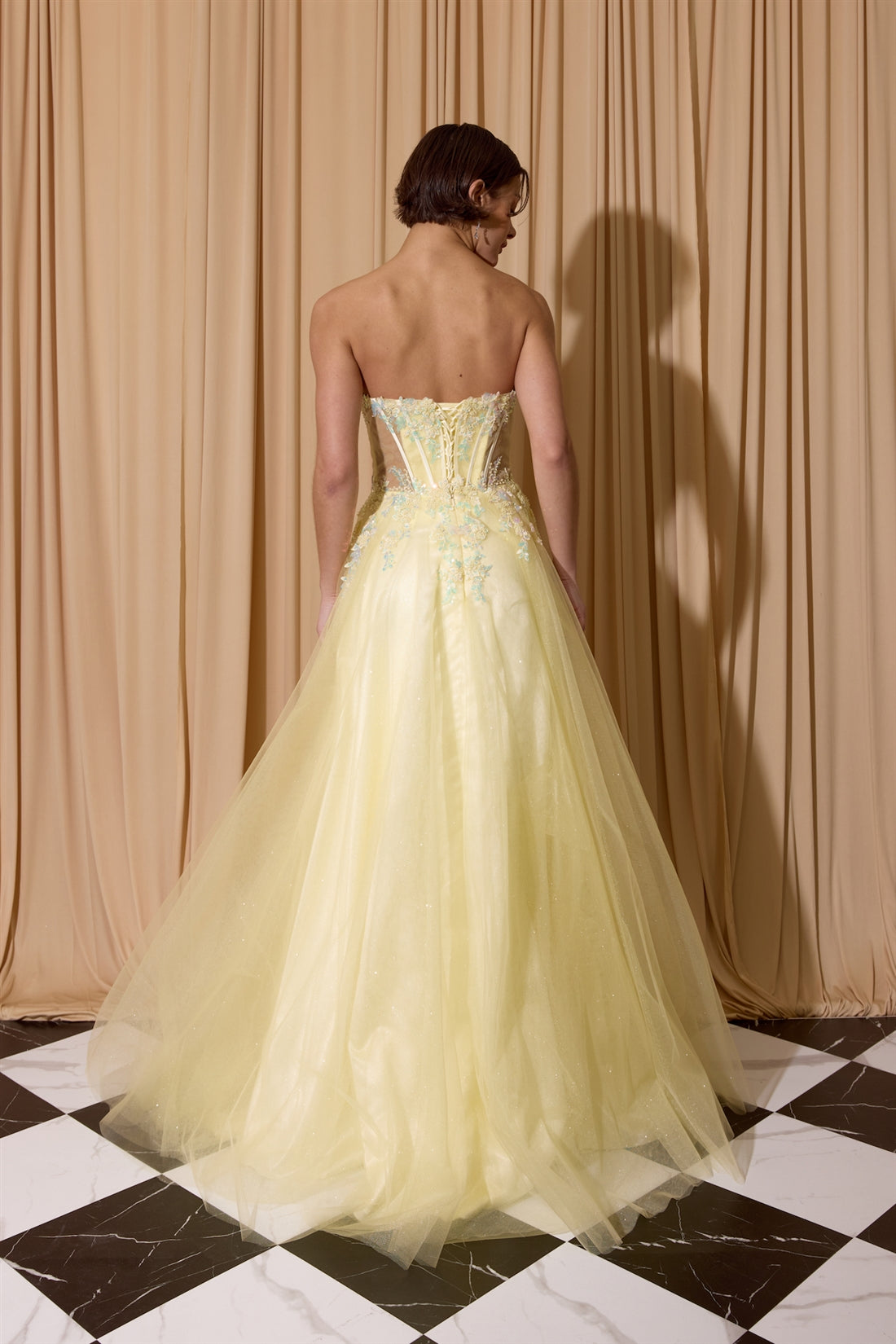 Soft Yellow Strapless Floor-Length Tulle Formal Floral Applique Gown Eureka Fashion EK208