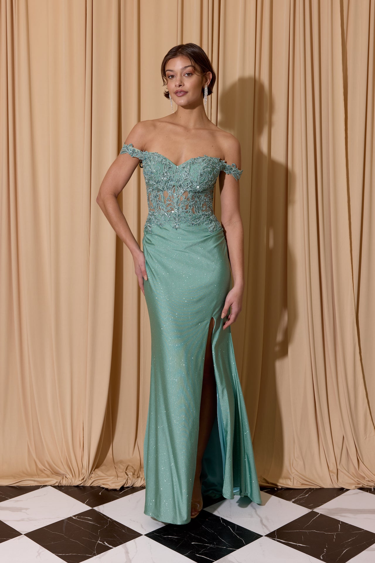 Off-the-Shoulder Floor-Length Lace Prom Sheath Column Eureka Fashion 173