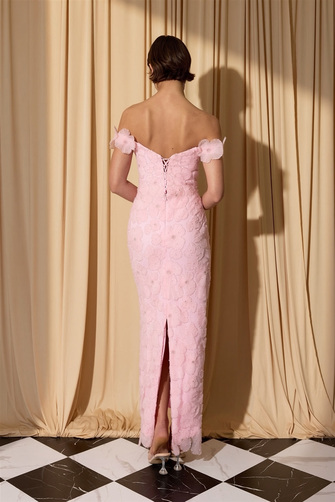 Pink Off-the-Shoulder Floor-Length Lace Formal Floral Applique Gown Eureka Fashion EK205