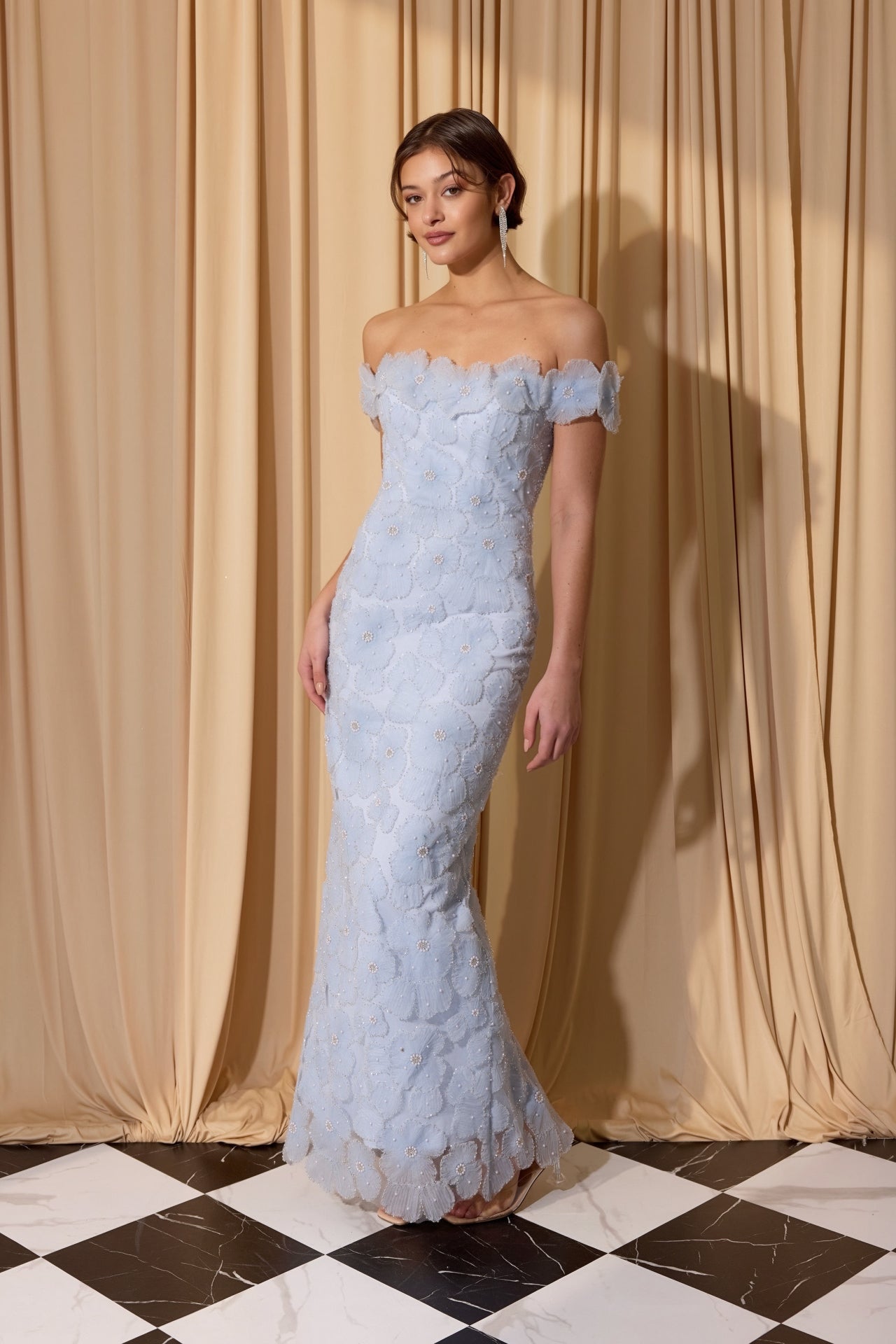 Powder Blue Off-the-Shoulder Floor-Length Lace Formal Floral Applique Gown Eureka Fashion EK205