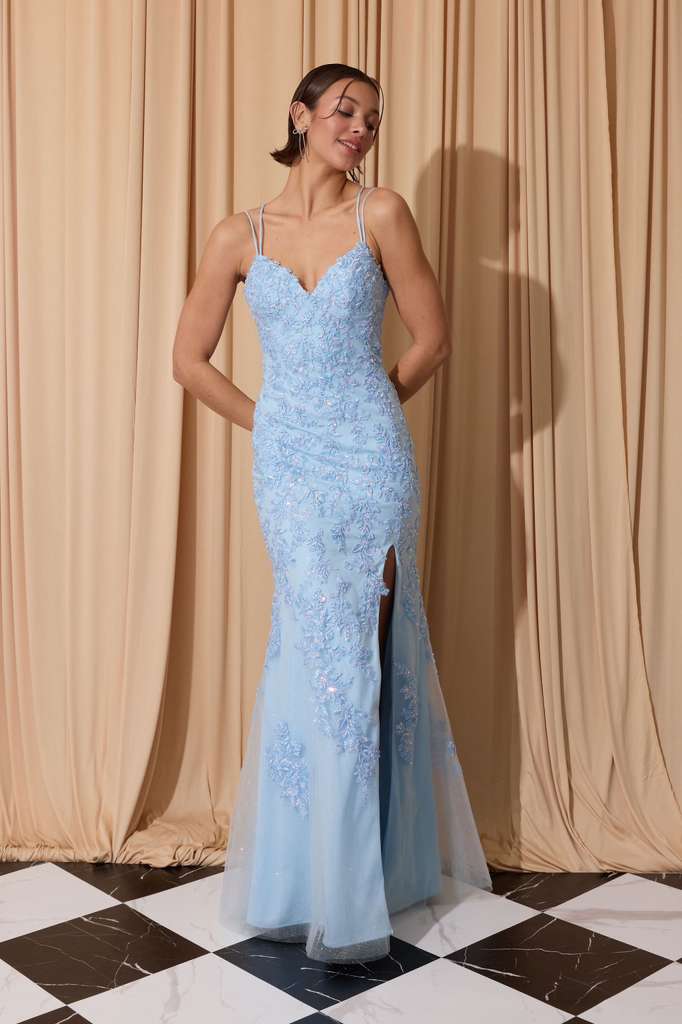 Bahama Blue Sweetheart Floor-Length Mesh Prom Dress Lace Eureka Fashion EK189