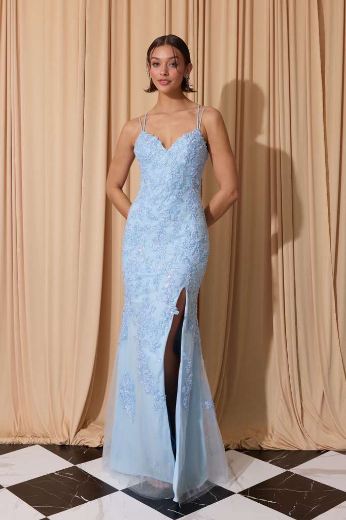 Bahama Blue Sweetheart Floor-Length Mesh Prom Dress Lace Eureka Fashion EK189