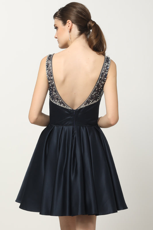 Homecoming Dresses Short Pleated A Line Homecoming Beaded Cocktail Dress Navy Blue