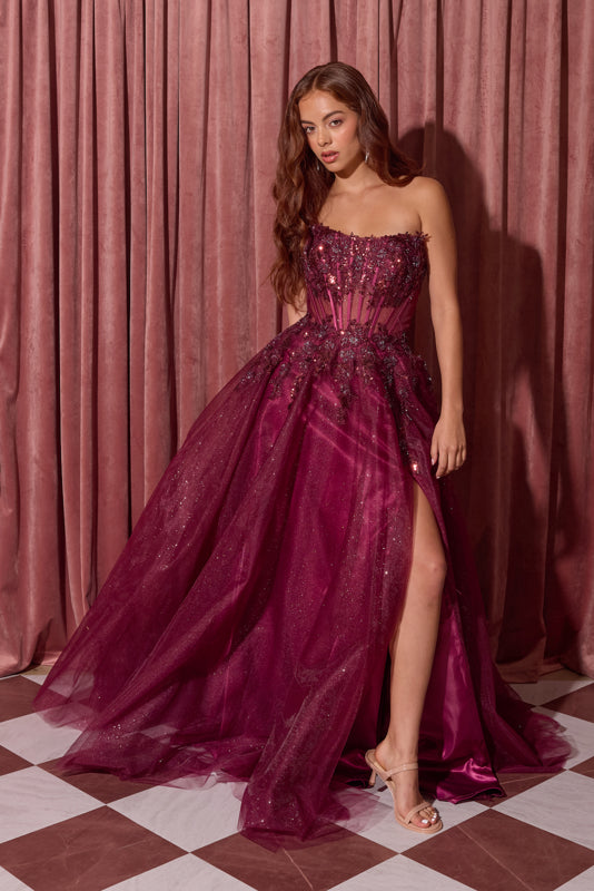 Berry Strapless Floor-Length Tulle Formal Floral Applique Gown Eureka Fashion EK208