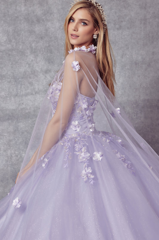 Quinceniera Dresses Ball Gown Long 3D Floral Cape Quinceanera Dress Juliet JT1435 Lilac