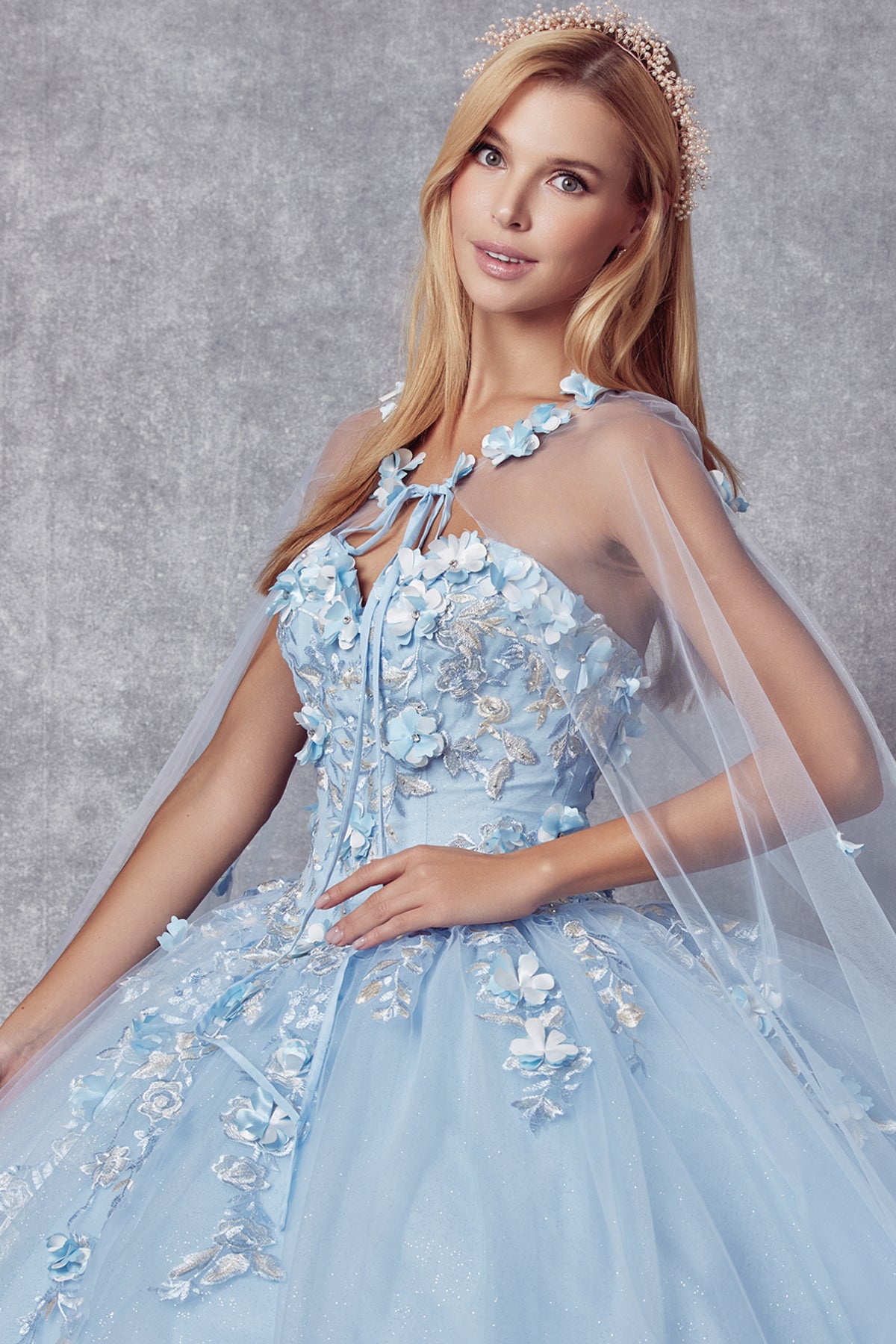 Quinceniera Dresses Ball Gown Long 3D Floral Cape Quinceanera Dress Juliet JT1435 Bahama Blue