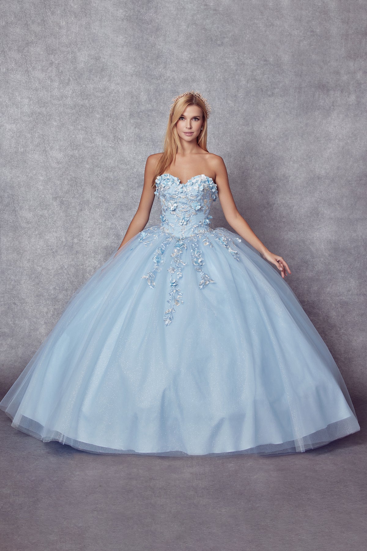 Quinceniera Dresses Ball Gown Long 3D Floral Cape Quinceanera Dress Juliet JT1435 Bahama Blue