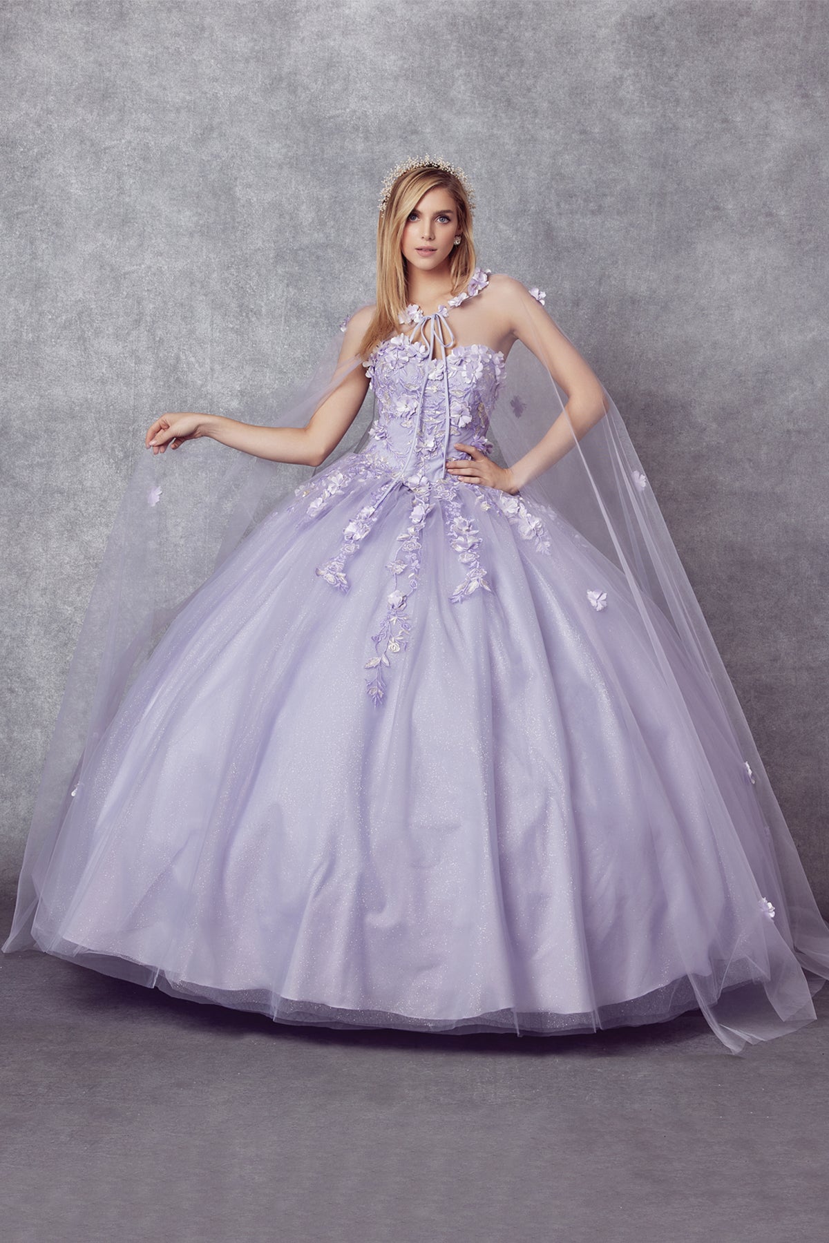 Quinceniera Dresses Ball Gown Long 3D Floral Cape Quinceanera Dress Juliet JT1435 Lilac
