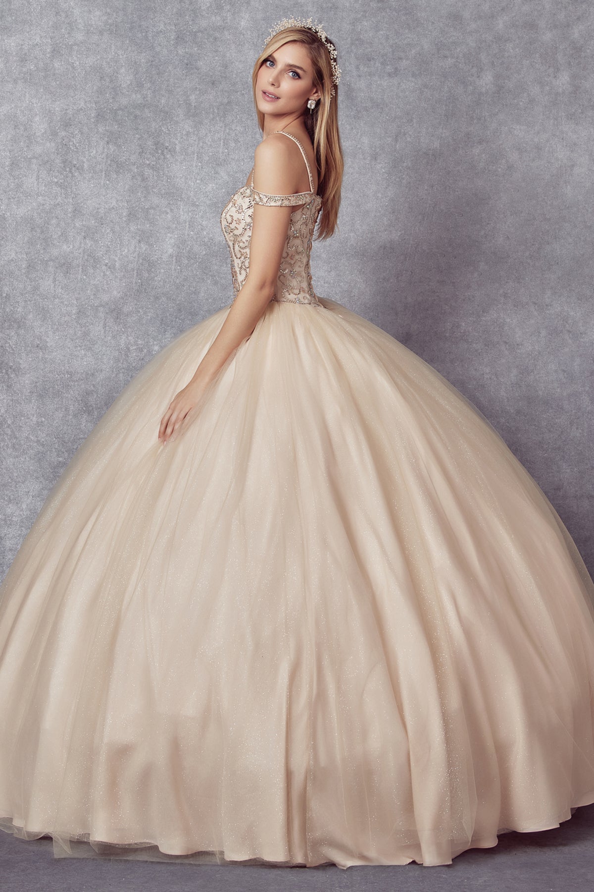 Quinceniera Dresses Long Beaded Ball Gown Quinceanera Dress Juliet JT1426 Champagne