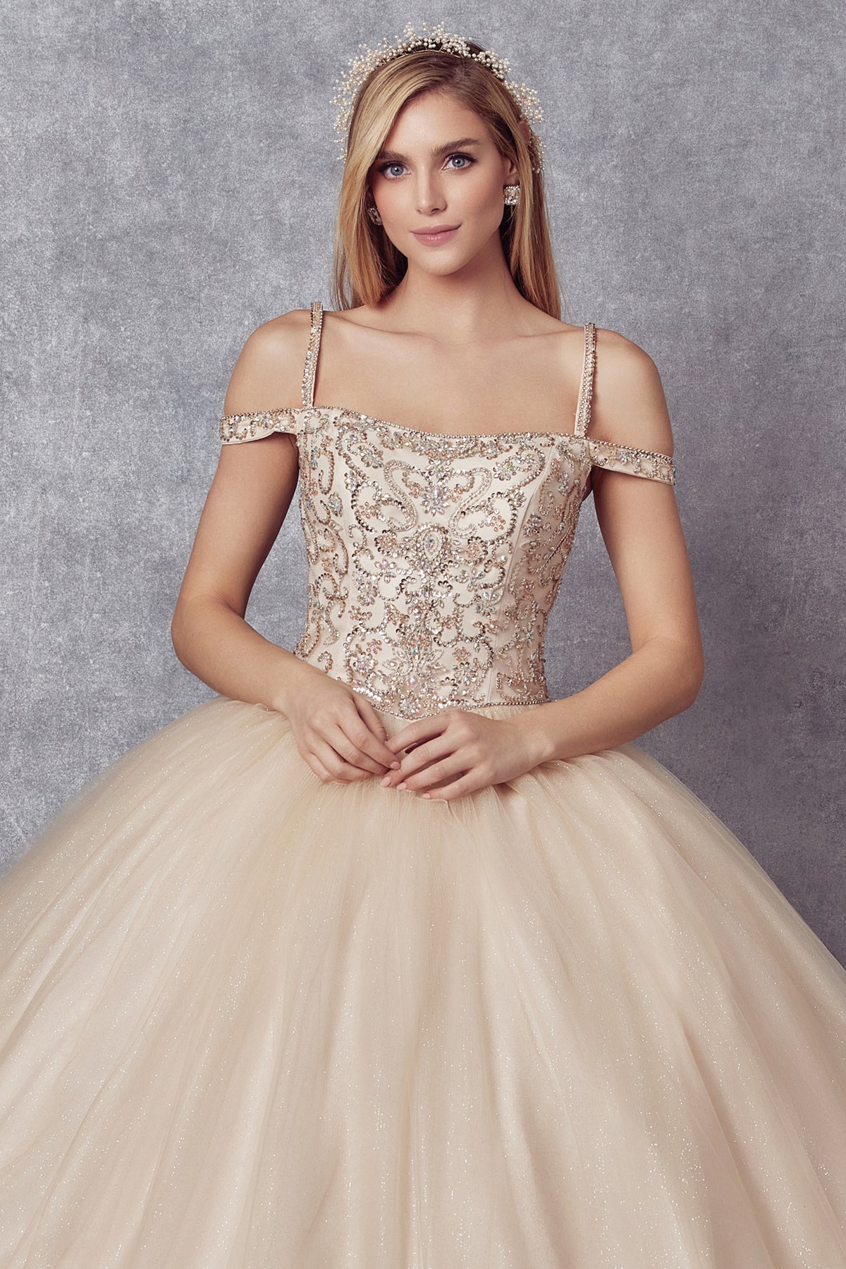 Quinceniera Dresses Long Beaded Ball Gown Quinceanera Dress Juliet JT1426 Champagne