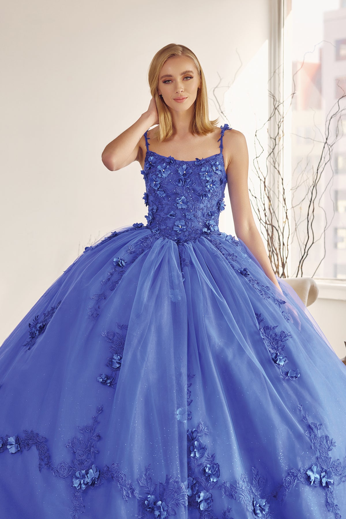 Quinceniera Dresses Cape Long Ball Gown 3D Floral Applique Quinceanera Dress Juliet JT1436 Royal Blue