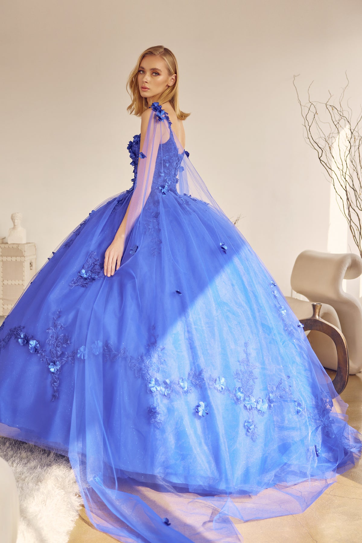 Quinceniera Dresses Cape Long Ball Gown 3D Floral Applique Quinceanera Dress Juliet JT1436 Royal Blue