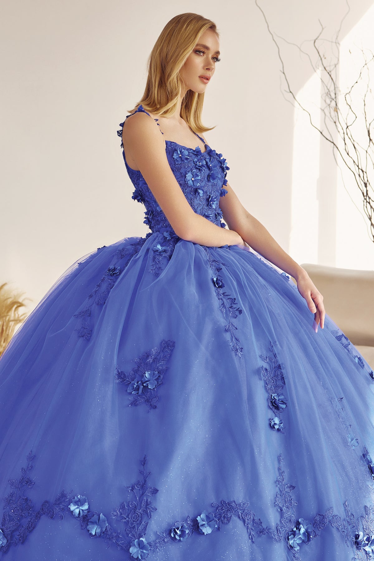 Quinceniera Dresses Cape Long Ball Gown 3D Floral Applique Quinceanera Dress Juliet JT1436 Royal Blue