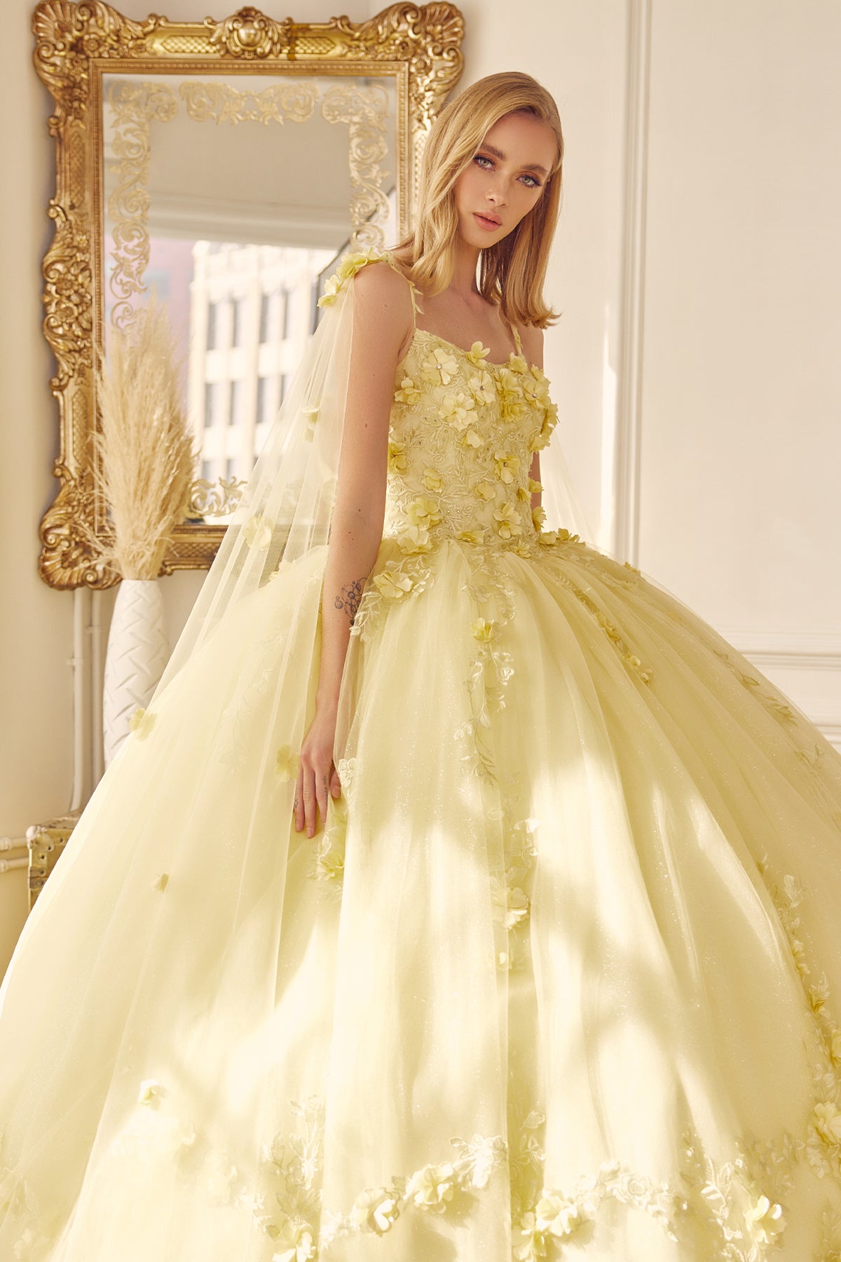 Quinceniera Dresses Cape Long Ball Gown 3D Floral Applique Quinceanera Dress Juliet JT1436 Yellow