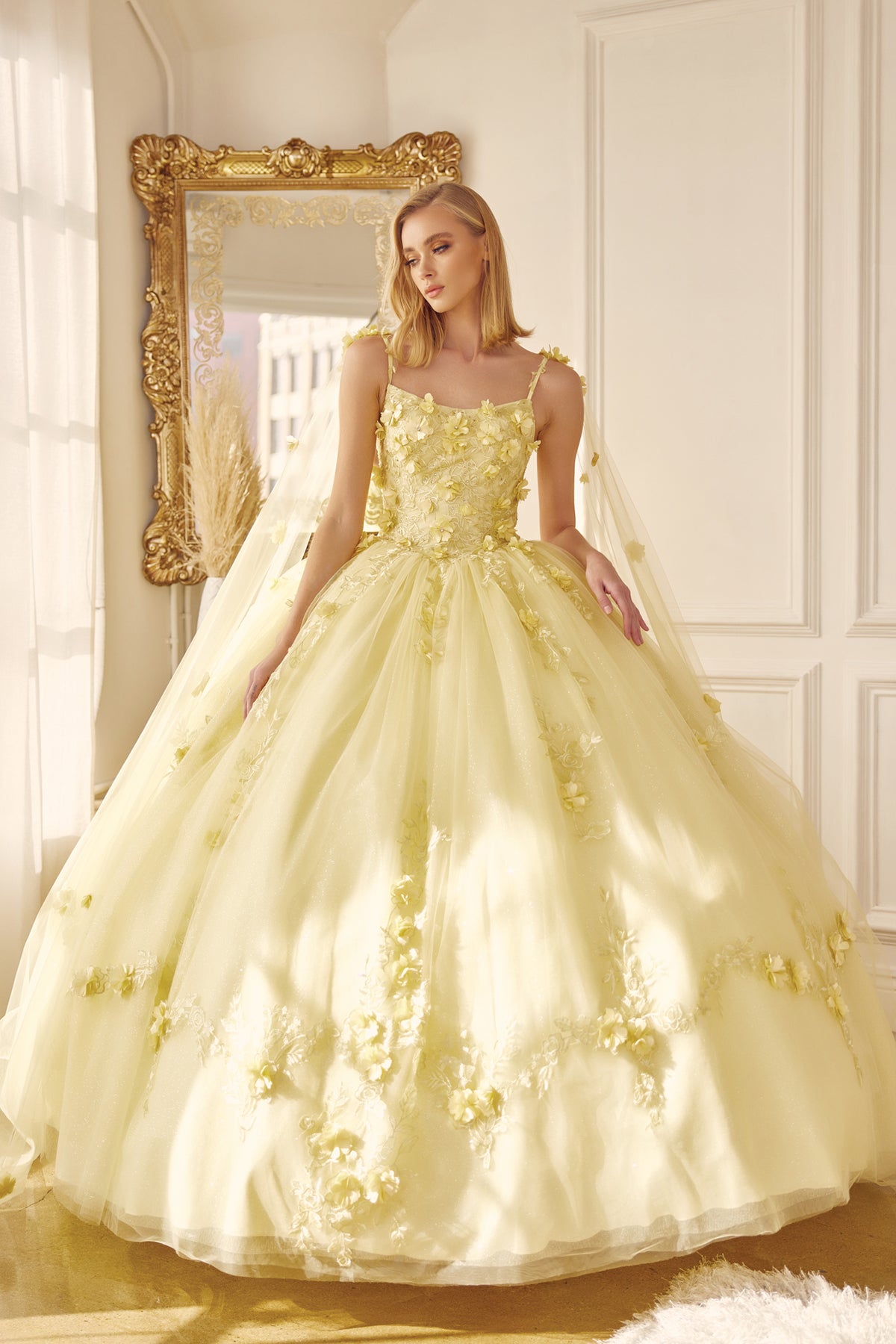 Quinceniera Dresses Cape Long Ball Gown 3D Floral Applique Quinceanera Dress Juliet JT1436 Yellow