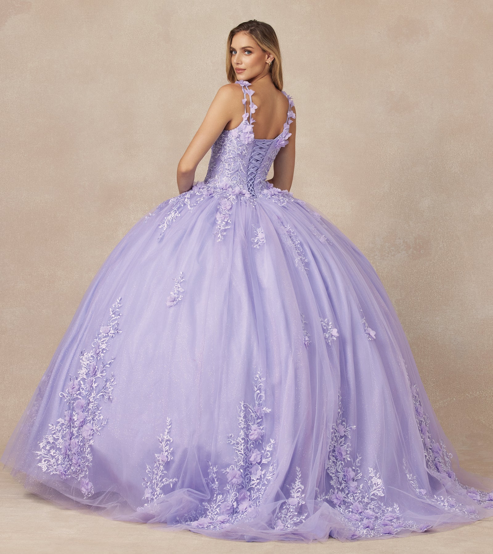 Quinceniera Dresses Long 3D Floral Applique Ball Gown Quinceanera Dress Juliet JT1437 Lilac
