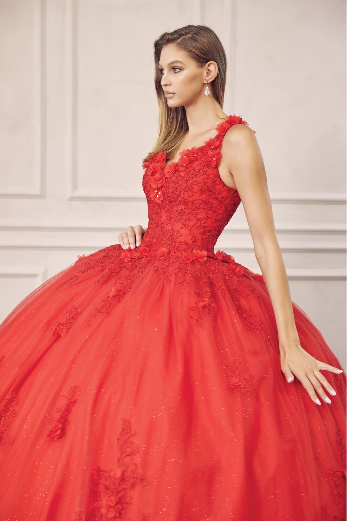 Quinceniera Dresses Long 3D Floral Applique Ball Gown Quinceanera Dress Juliet JT1437 Red