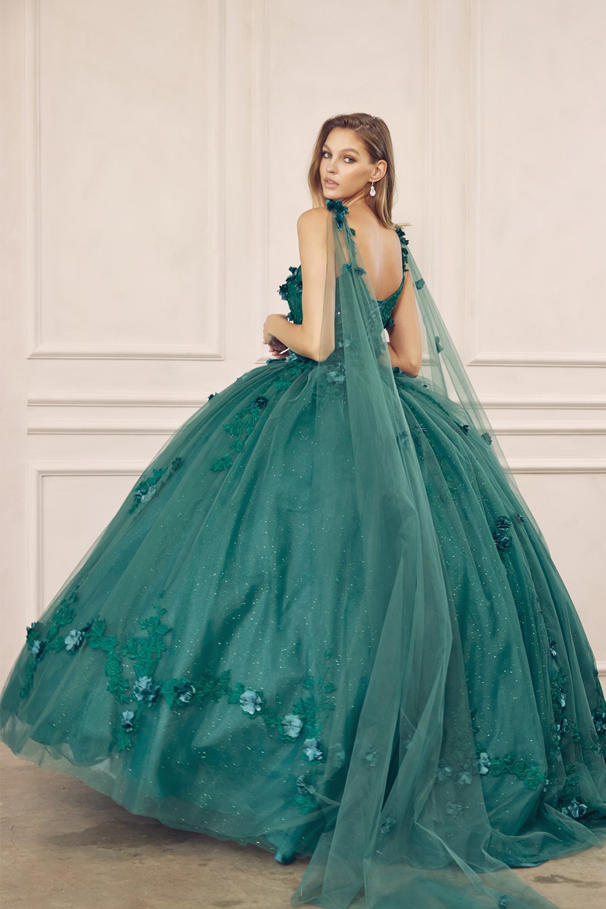 Quinceniera Dresses Cape Long Ball Gown 3D Floral Applique Quinceanera Dress Juliet JT1436 Emerald