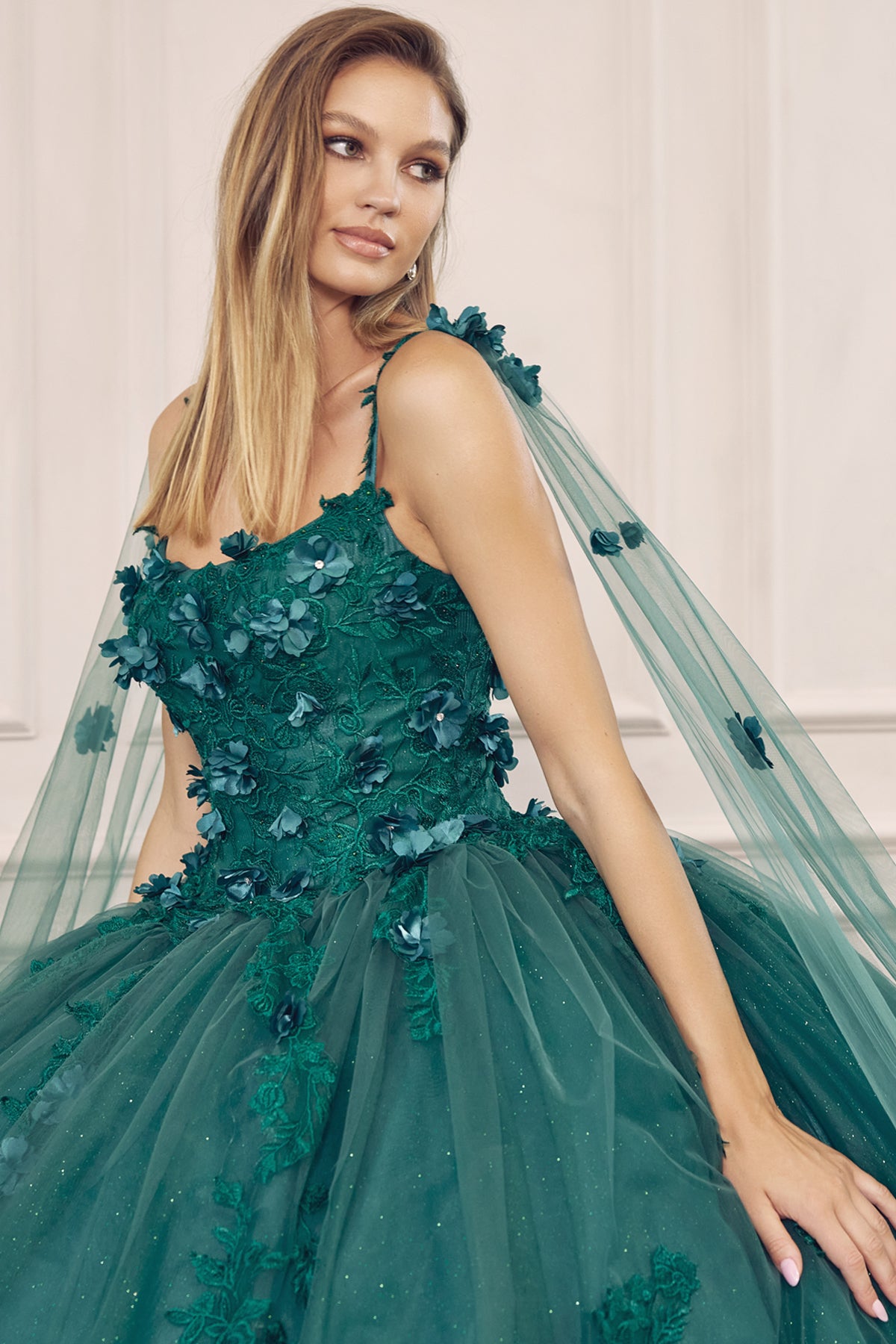 Quinceniera Dresses Cape Long Ball Gown 3D Floral Applique Quinceanera Dress Juliet JT1436 Emerald