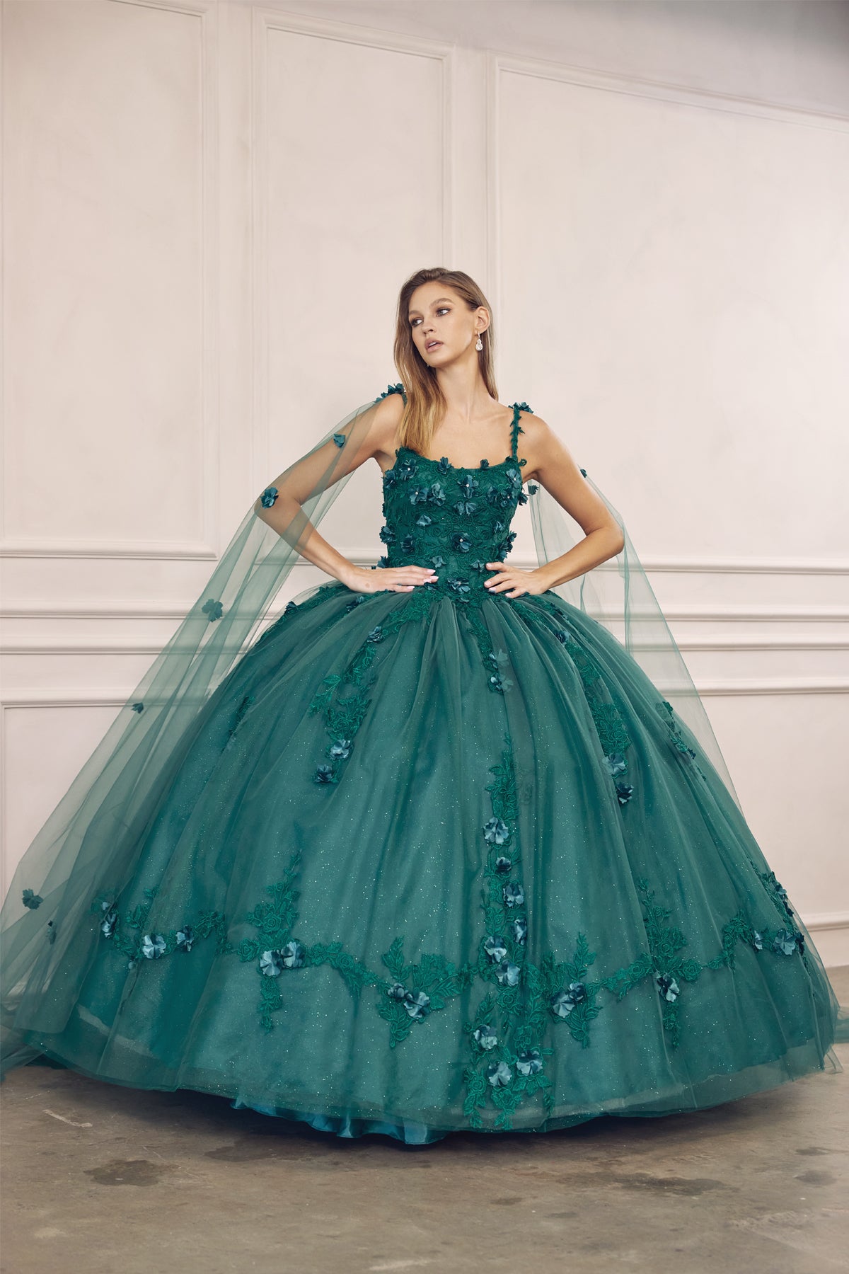 Quinceniera Dresses Cape Long Ball Gown 3D Floral Applique Quinceanera Dress Juliet JT1436 Emerald