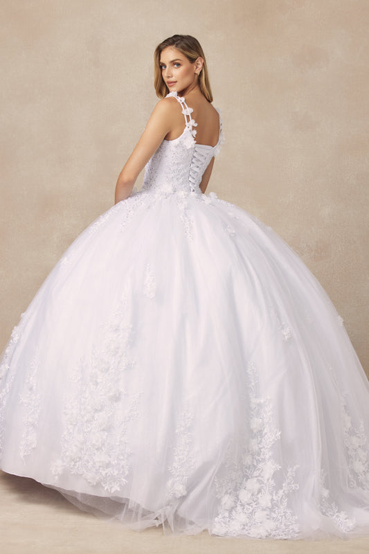 Quinceniera Dresses Long Ball Gown 3D Floral Applique Quinceanera Dress Juliet JT1437W White