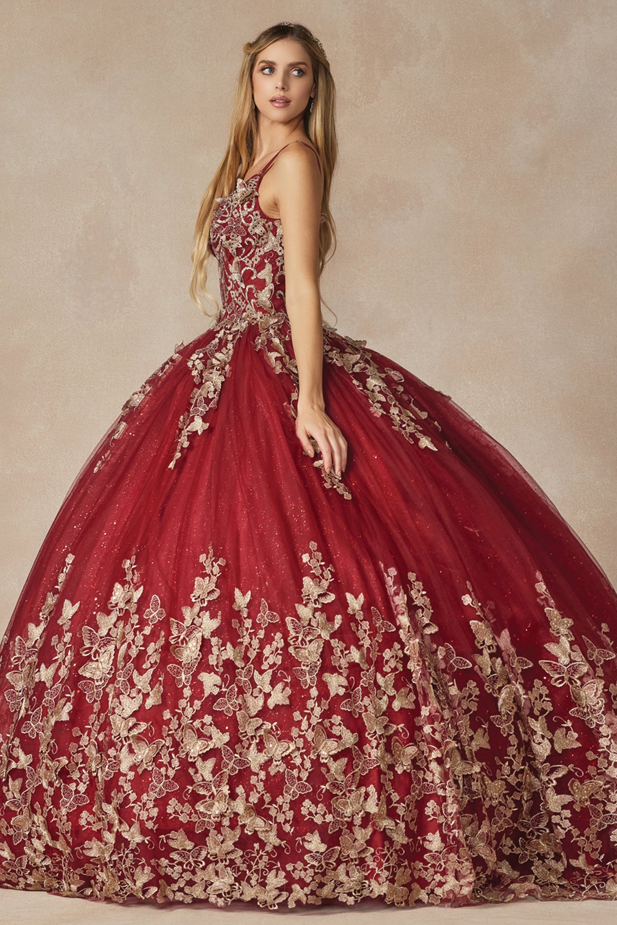 Quinceniera Dresses Long Ball Gown Lace Glitter Quinceniera Dress Juliet JT1442 Burgundy