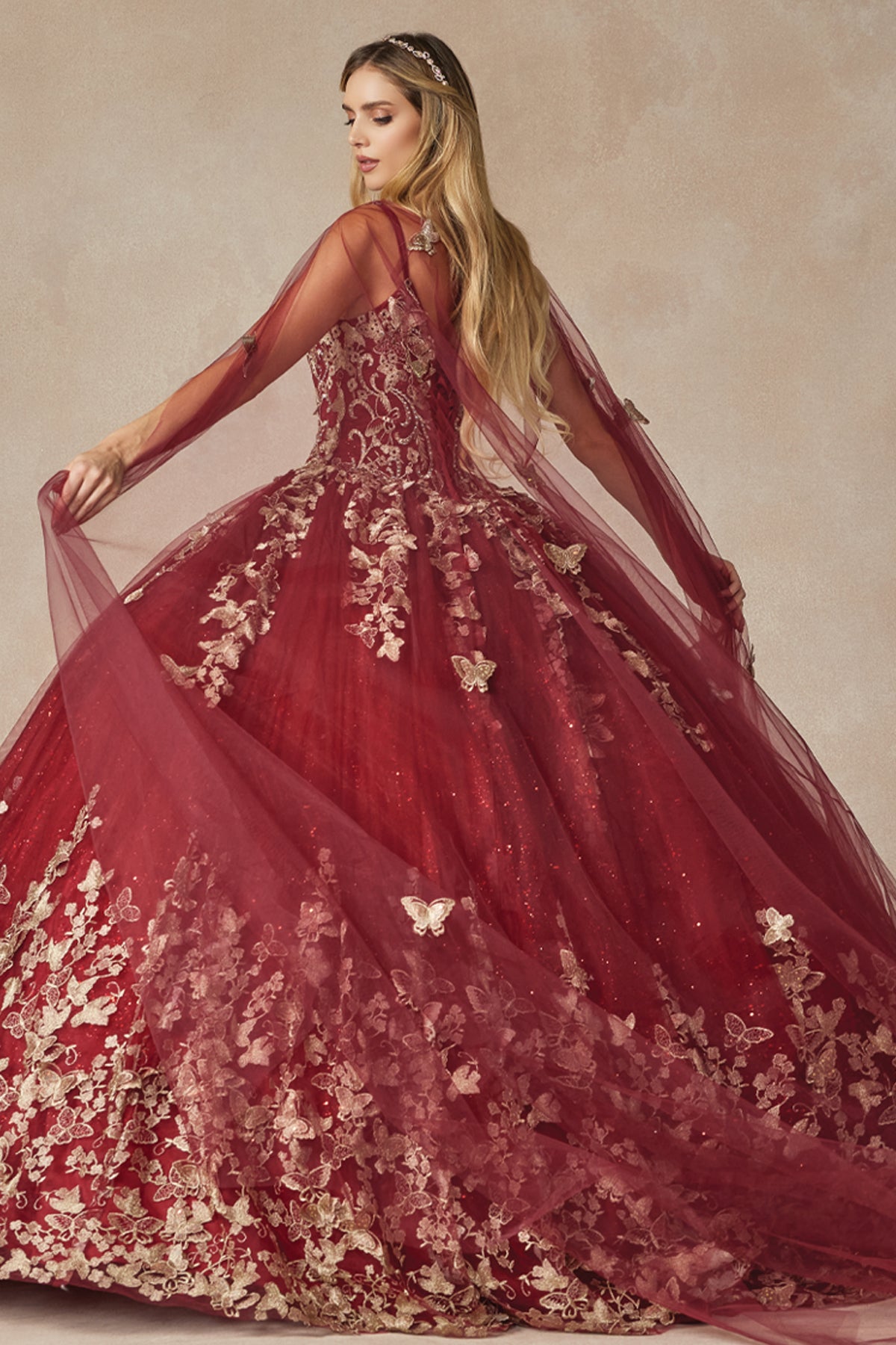 Quinceniera Dresses Long Ball Gown Lace Glitter Quinceniera Dress Juliet JT1442 Burgundy