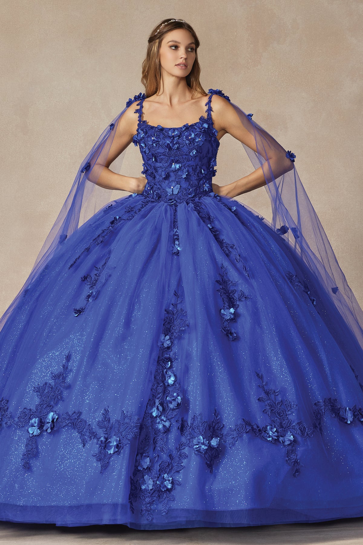 Quinceniera Dresses Cape Long Ball Gown 3D Floral Applique Quinceanera Dress Juliet JT1436 Royal Blue