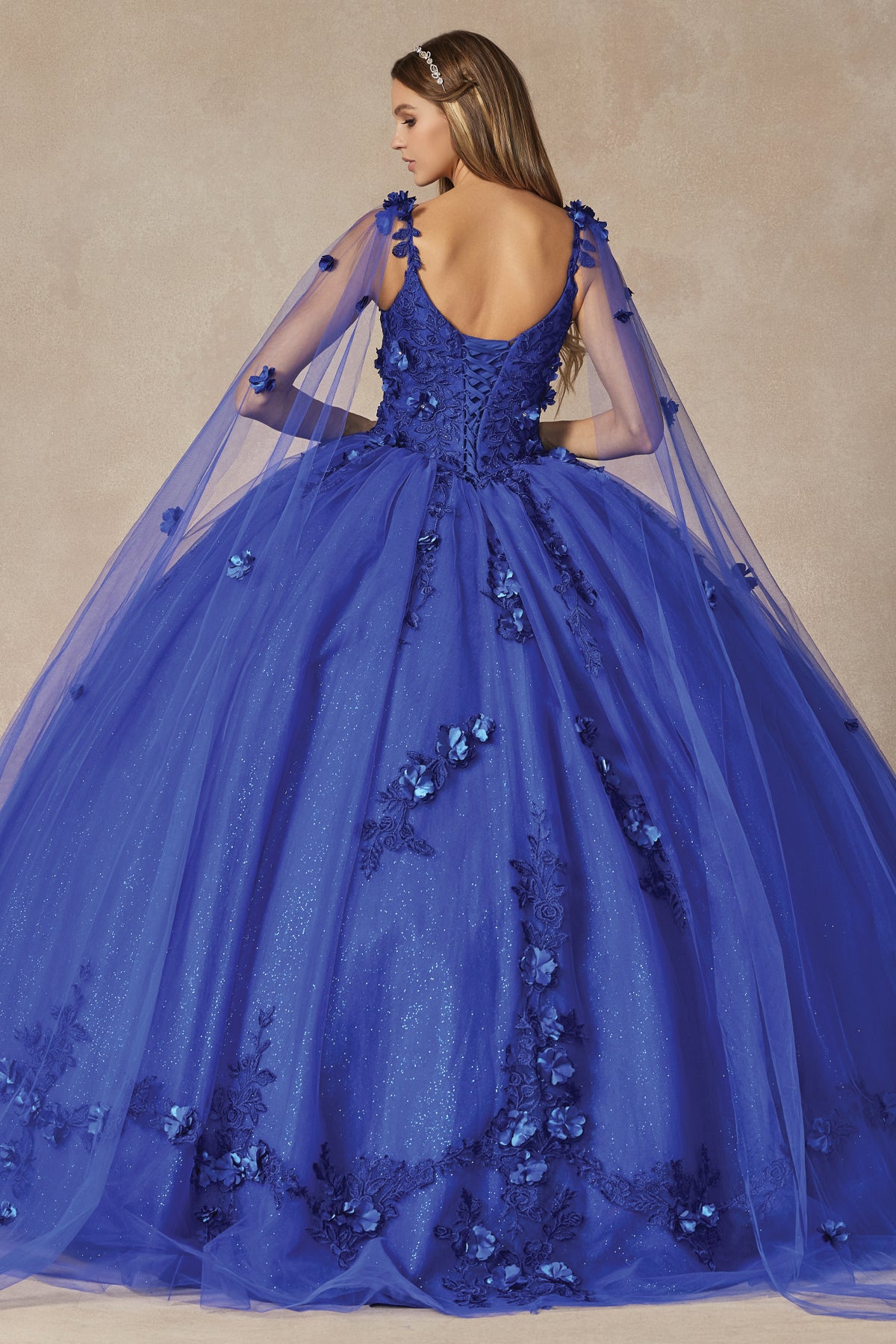 Quinceniera Dresses Cape Long Ball Gown 3D Floral Applique Quinceanera Dress Juliet JT1436 Royal Blue